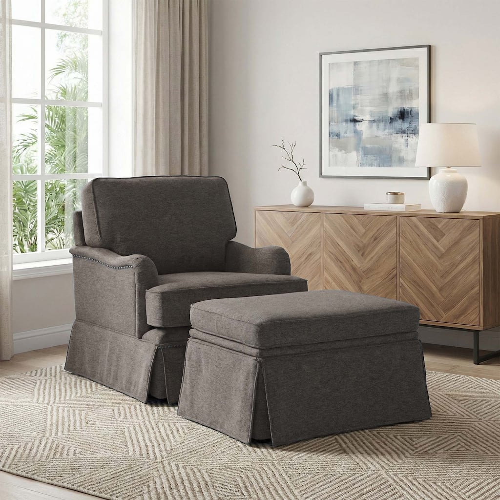 Chenille Swivel Accent Chair Storage Ottoman Set with Nailhead Trim Skirt