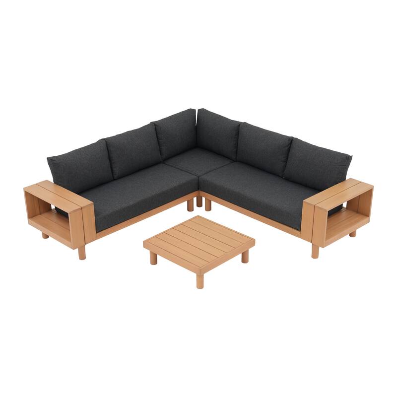 Outdoor 4-Piece Conversation Set Solid Eucalyptus Wood L-Shaped Sectional Sofa with Coffee Table