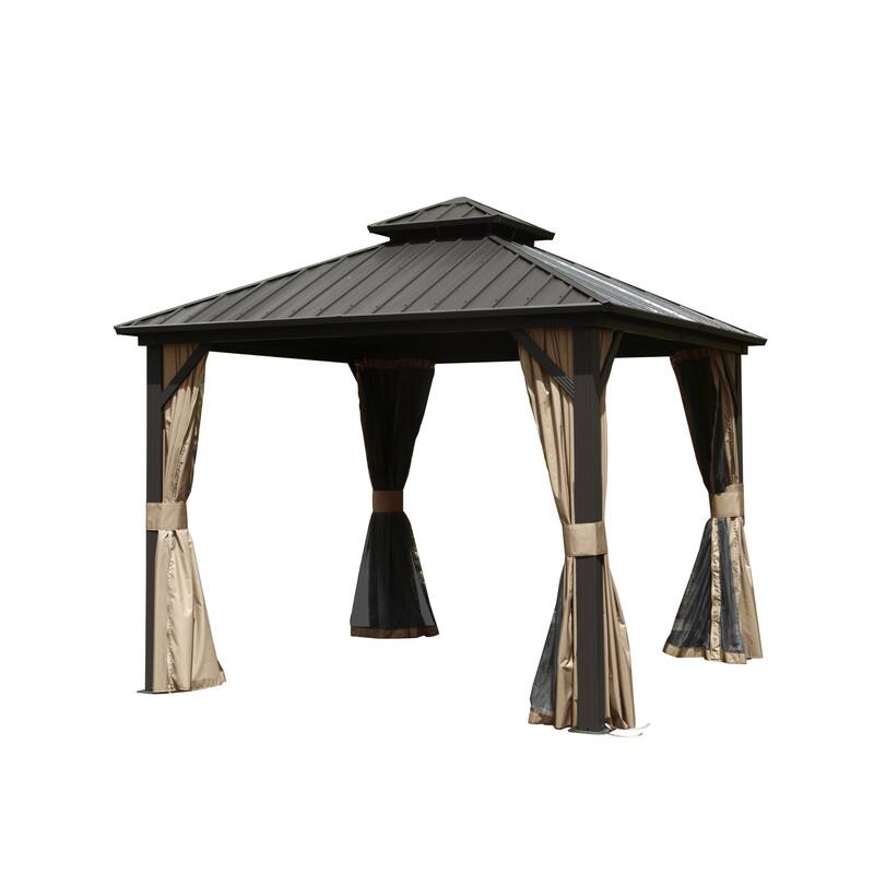 GDFStudio - Madison Outdoor Grove Hardtop Gazebo with Double Roof, Curtains & Netting - 10' X 10' - Brown