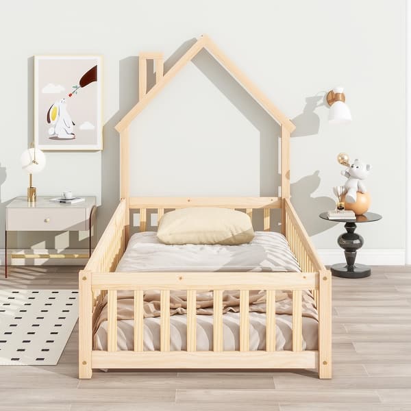 slide 2 of 9, Twin Size Montessori Floor Bed with Fence and Door, House-Shaped Headboard Floor Bed, Wooden Twin Kids Bed Frame for Boys Girls Natural - Twin