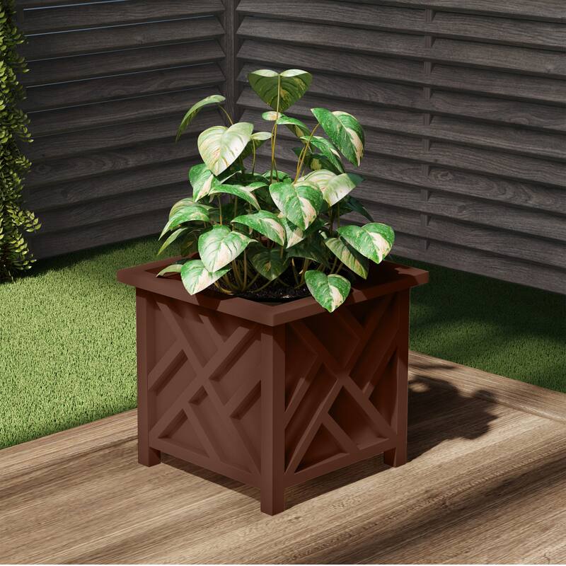 Lattice Design Planter Box - 14.75-Inch-Square Decorative Outdoor Flower or Plant Pot by Pure Garden (Brown) - Brown