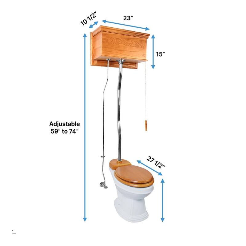 High Tank Toilet - Light Oak Wooden Raised Tank, White Elongated Bowl and Chrome L Pipe Renovators Supply - White