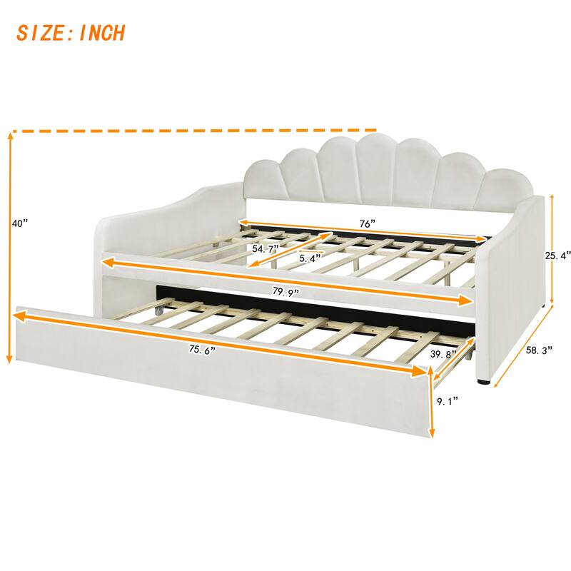 Elegant Full Size Upholstered Platform Daybed with Shell Shaped Backrest and Trundle for Multi-purpose Use, Bedroom Furniture