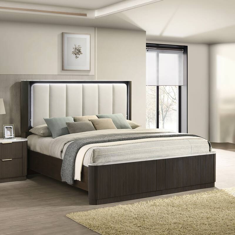 Furniture of America Alta Modern Dark Walnut Panel Bed with LED on Leatherette Headboard - Queen