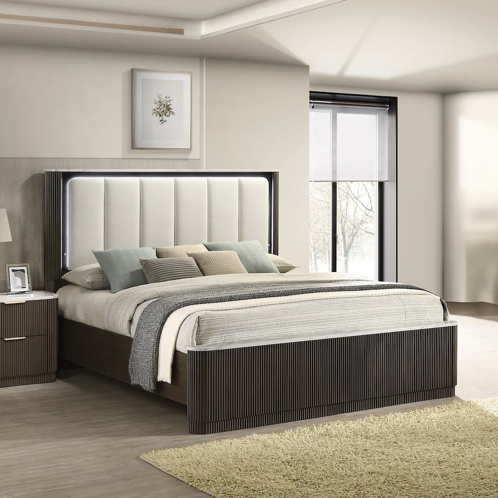 Furniture of America Alta Modern Dark Walnut Panel Bed with LED on Leatherette Headboard