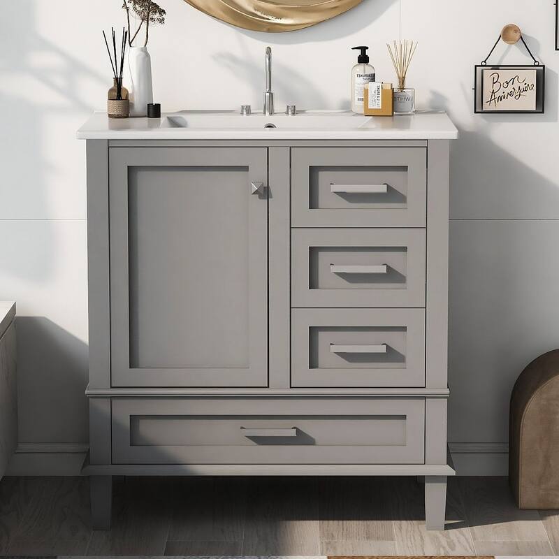 30" Bathroom Vanity With Sink, Solid Wood Bathroom Storage Cabinet - Grey