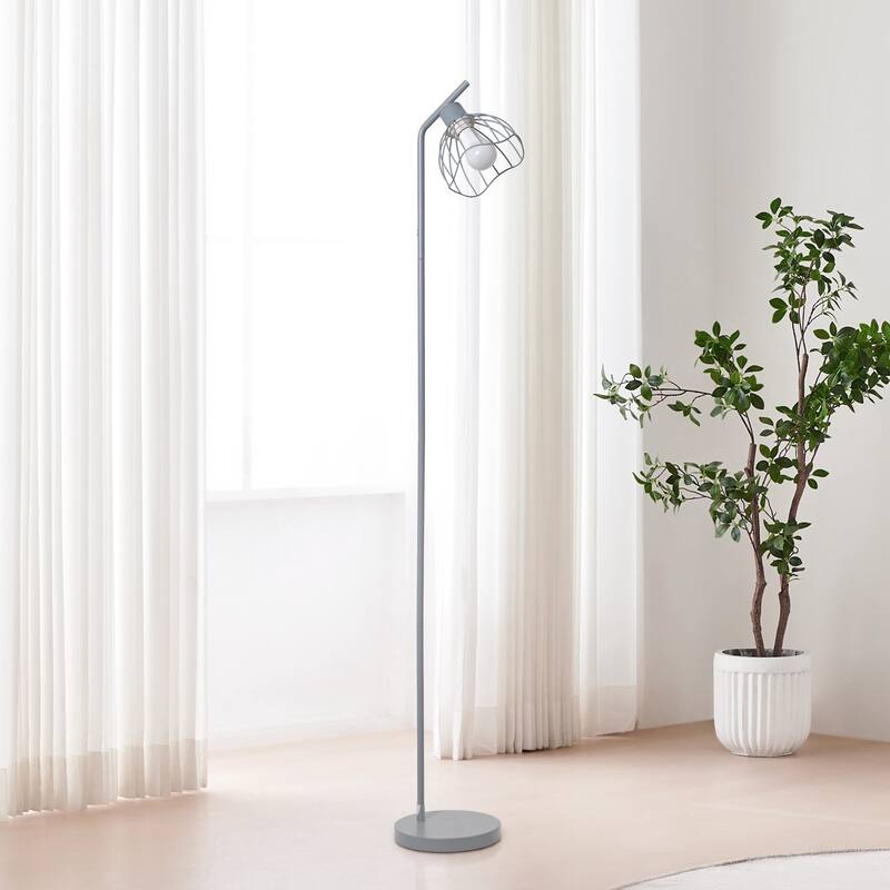 Metal Industrial Cage Floor Lamp with Curved Arm and Rotary Switch - 9.57 x 7.87 x 54.50 in. (L x W x H)