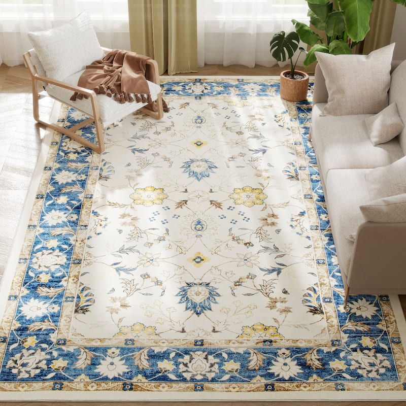 HOMCOM Area Rug 8x10, Machine Washable Rug, Non-Slip Boho Floral Print Floor Cover Foldable Carpet for Living Room - Oxford Blue - Rectangle - 9'3" x 12'3"