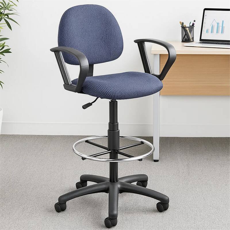 Jea Drafting Stool Chair, Loop Arms, Blue Tweed, Round Footring