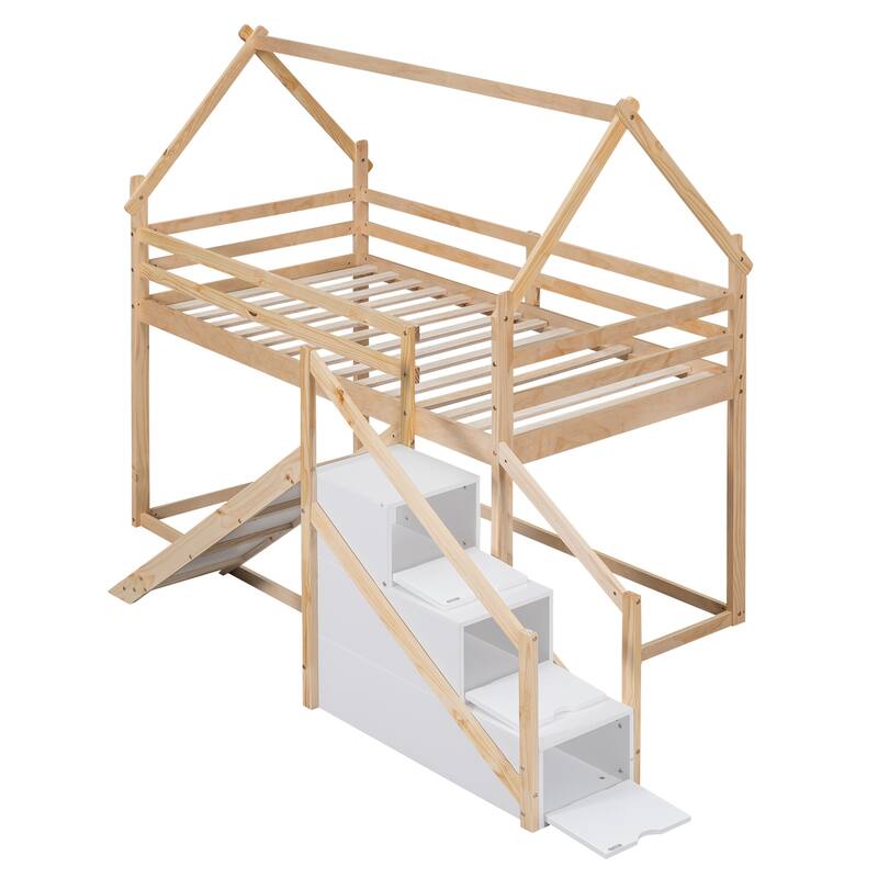 Twin over Twin House Loft or Bunk Bed with Slide, Staircase Storage, and Space-Saving Design, Made from Pine Wood and MDF