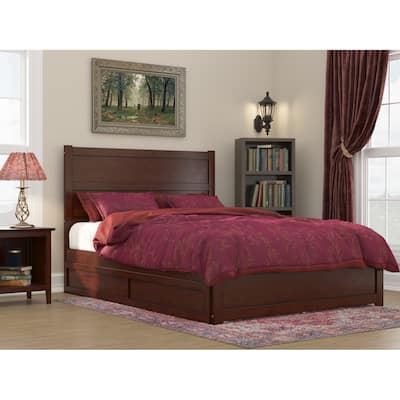 Twin Trundle Bed with Charging Station - Modern Platform Bed - Walnut Finish - 81.5" L x 40.38" W