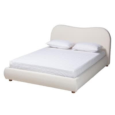 Mid-Century Modern Platform Bed - Cream Boucle Fabric & Oak Wood Frame - Bedroom Bed Frame