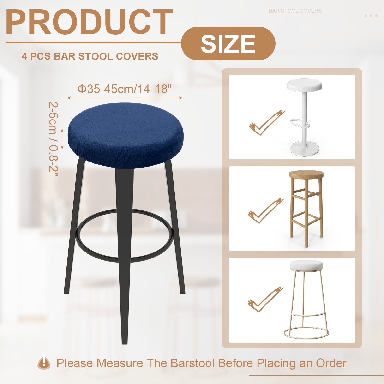 Velvet Bar Stool Covers, Round Bar Stool Cover with Elastic Band Stretch Chair Cover Washable Slipcovers for Round Stool Chair