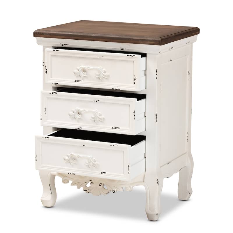 Baxton Studio Levron Classic and Traditional Walnut Brown and Antique White Finished Wood 3-Drawer End Table