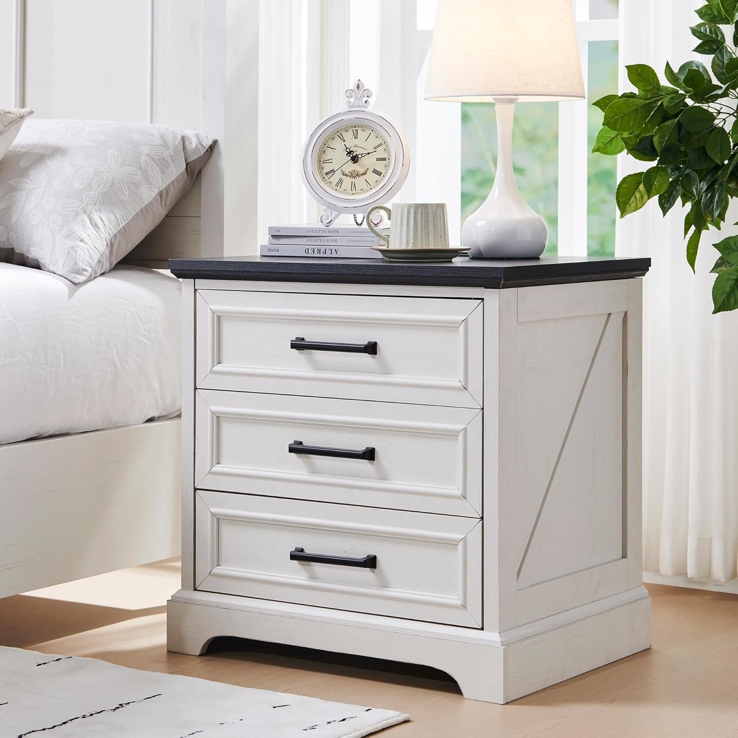 Farmhouse 3-Drawer Nightstand, Wide End Table with Charging Station