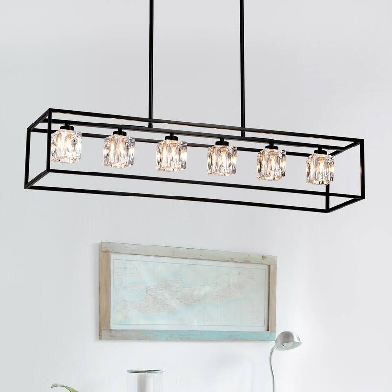 Industrial 6-Light Crystal Farmhouse Chandelier Linear Rectangular Pendant Cage Light, for Dining Room, Kitchen Island, Bar