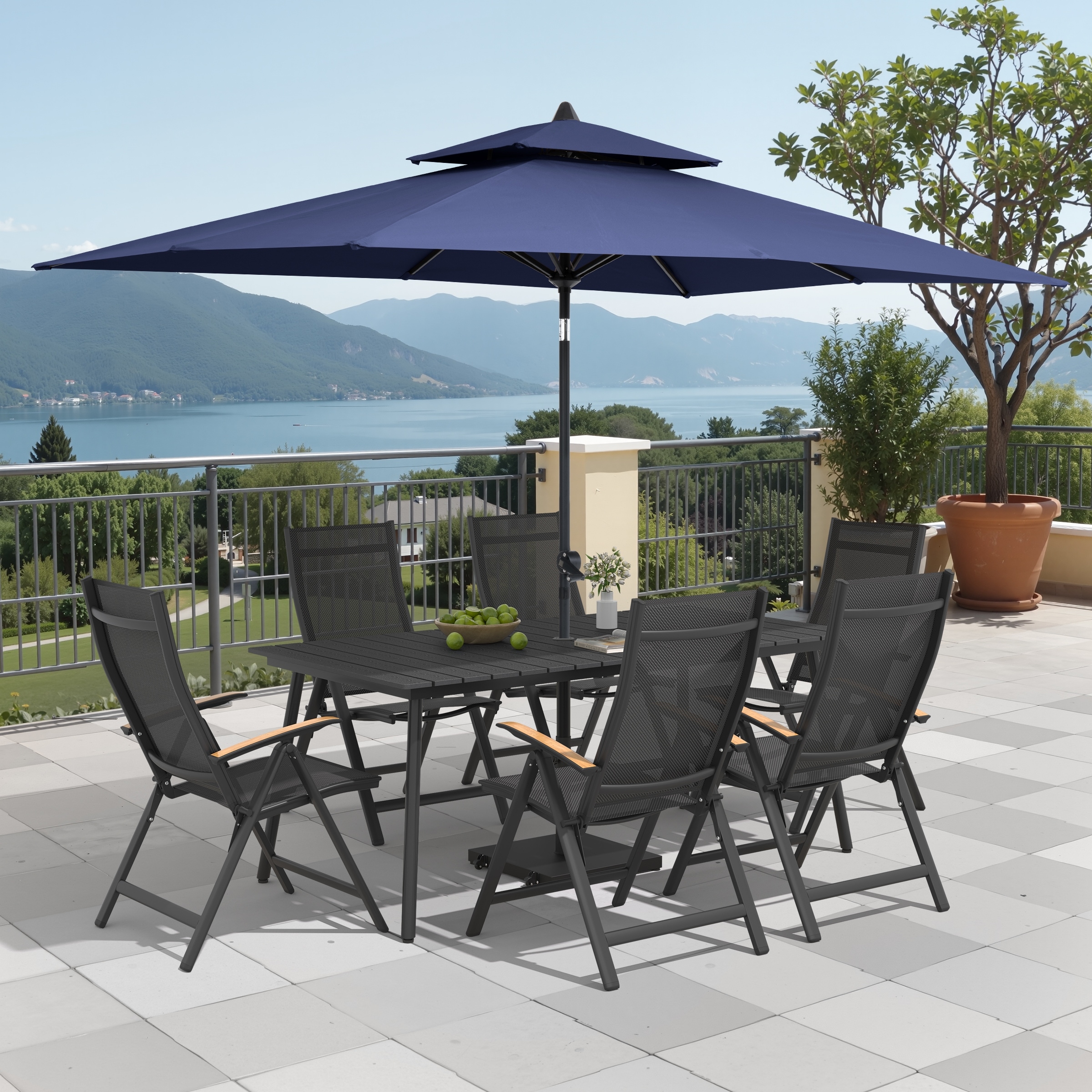 9/11-Piece Outdoor Patio Dining Set Aluminum Dining Table and Folding Chairs w/10 ft Umbrella and Base