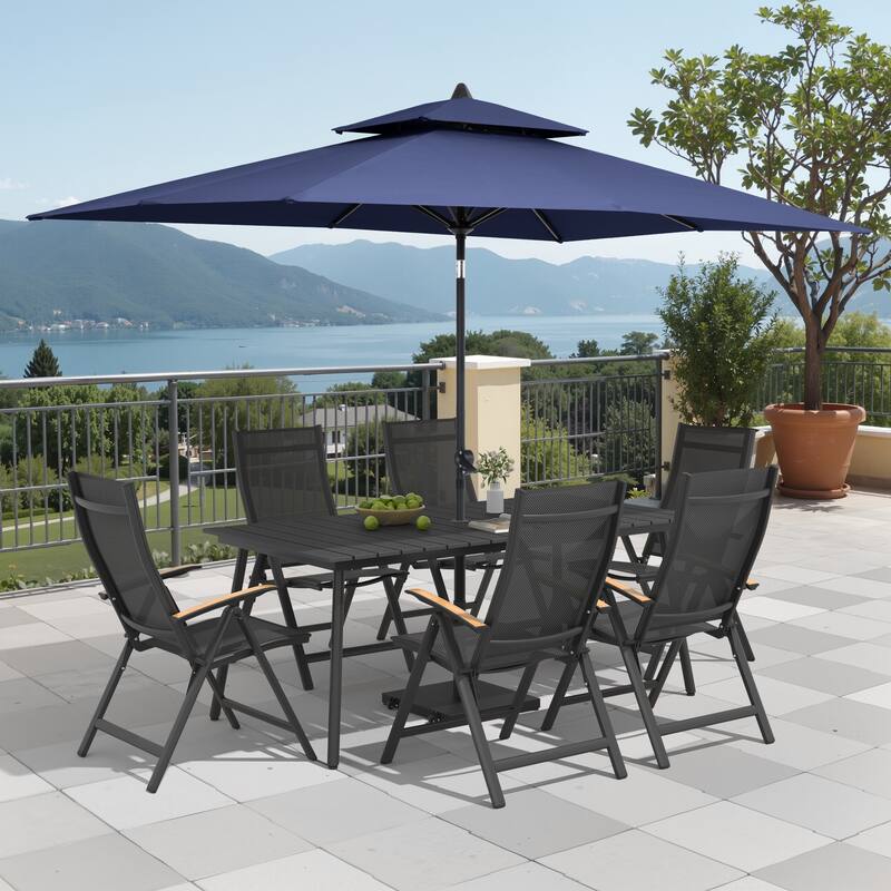9/11-Piece Outdoor Patio Dining Set Aluminum Dining Table and Folding Chairs w/10 ft Umbrella and Base - Set of 9 - Black Table with Navy Blue Umbrella