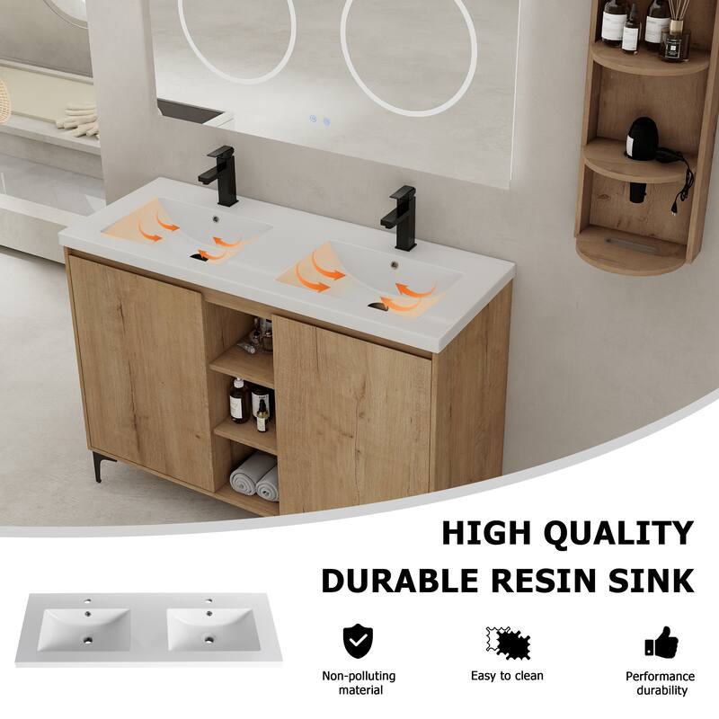 48" Freestanding Bathroom Vanity With Double Sink and Storage Rack, Soft Close Doors
