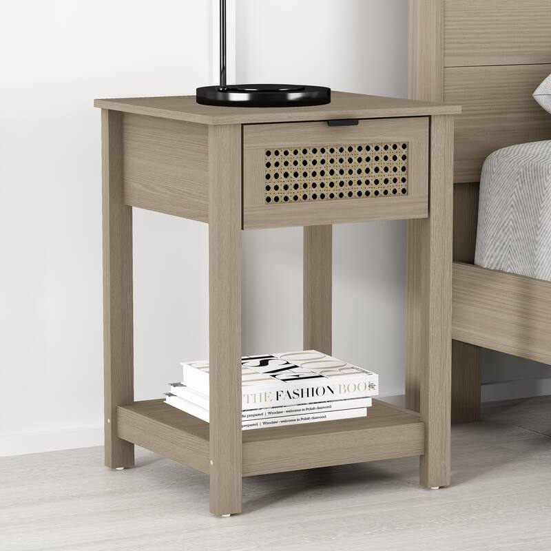 Idiana 1-Drawer Oak Nightstand Sidetable with Laminated Rattan (23.2 in. H x 16.5 in. W x 15.4 in. D)