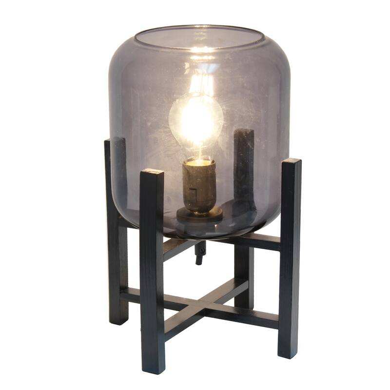 Wooden Table Lamp with Glass Shade - 13.5" - Black and Smoked Gray