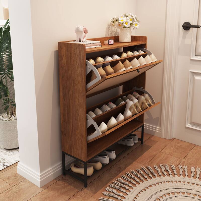 Free-standing Two-tier Flip-out Drawer Wooden Shoe Storage