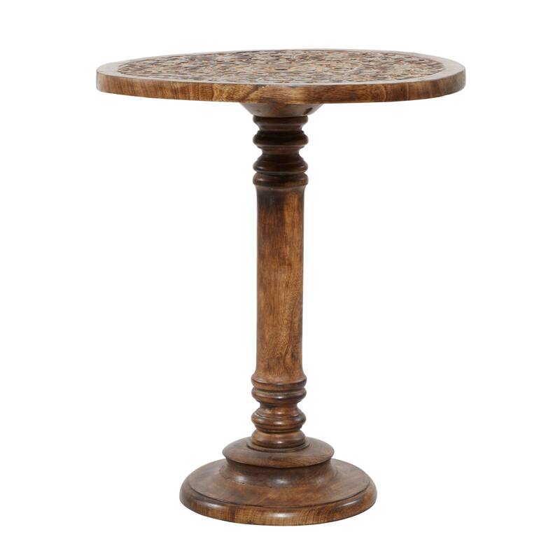 Mango Wood Elephant Handmade Intricately Carved Accent Table with Turned Base - Dark Brown - Roche River Decor
