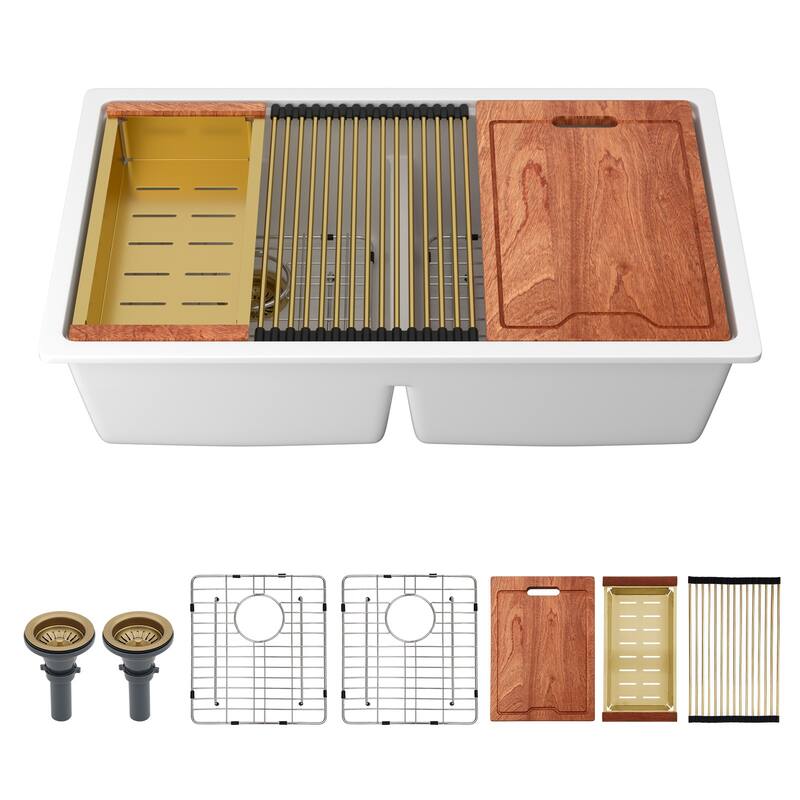 Undermount Double Bowl Quartz Kitchen Sink in White - 33'' x 19'' x 9.65''