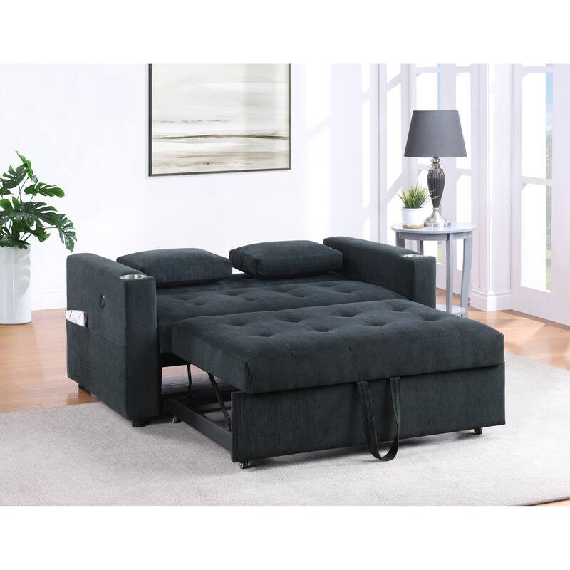 3 in 1 Convertible Pull Out Couch, Tufting Loveseat with Cupholders and USB Ports, 2 Seater Sofa with Pillows and Storage Bag