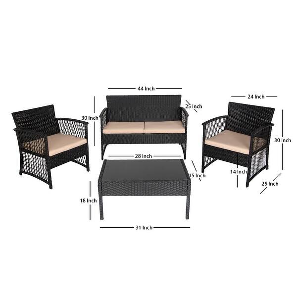 dimension image slide 7 of 17, Madison Outdoor 4-Piece Rattan Patio Furniture Chat Set with Cushions