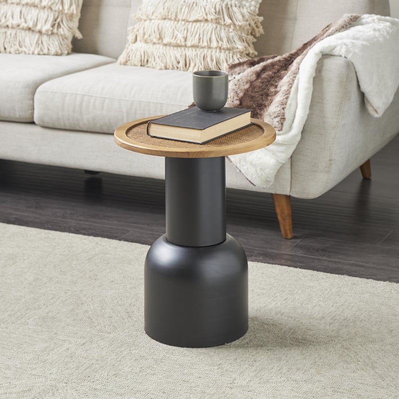 Metal Handmade Pedestal Accent Table with Brown Rattan Tabletop - Black - Roche River Decor