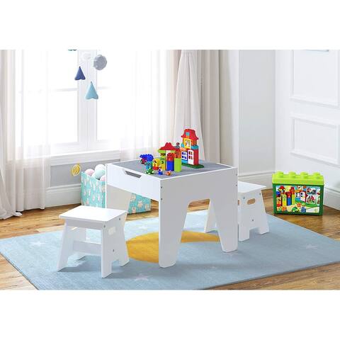 UTEX 2 in 1 Kids Construction Play Table with Storage with Storage, Kid's Multi Activity Table with 2 Chairs Set,White
