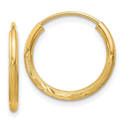 Curata 14k Yellow Gold Polished Hollow Tube Satin and Sparkle Cut Endless Hoop Earrings - 14x14mm
