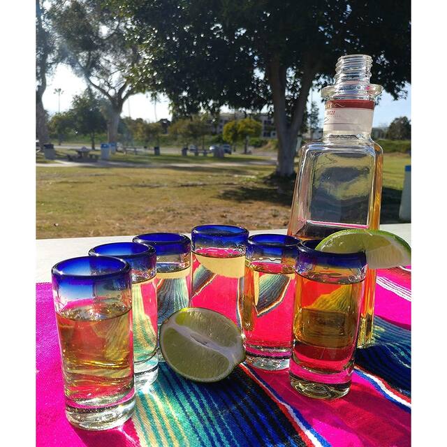 Dos Suenos Hand Blown Mexican Tequila Shot Glasses - Set of 6 Cobalt Blue Rim Tequila Shot Glasses (2 oz each)