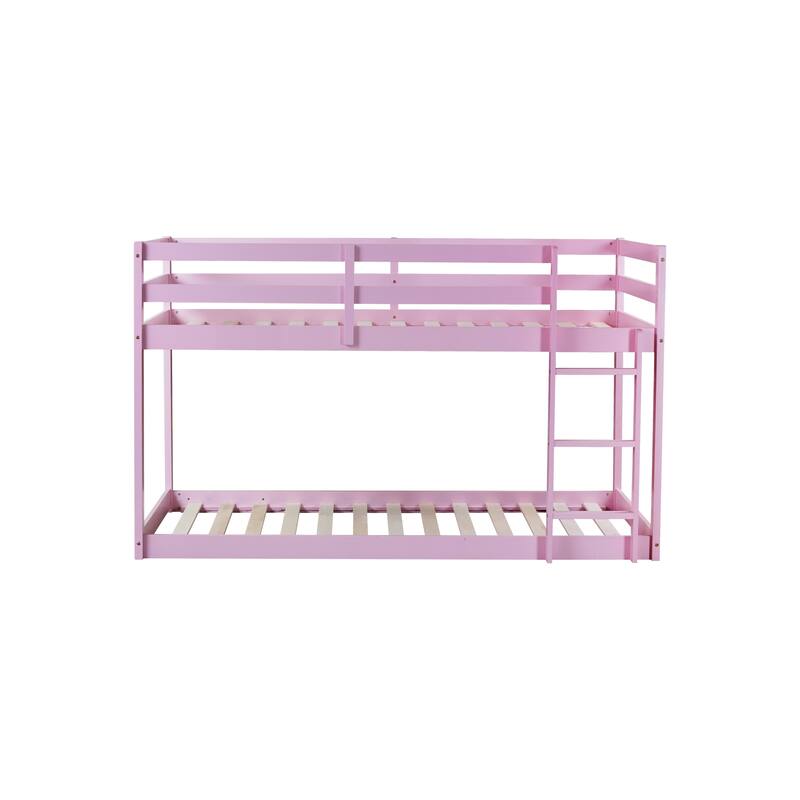 Solid Wooden Twin over Twin Floor Bunk Bed with Ladder, Pink