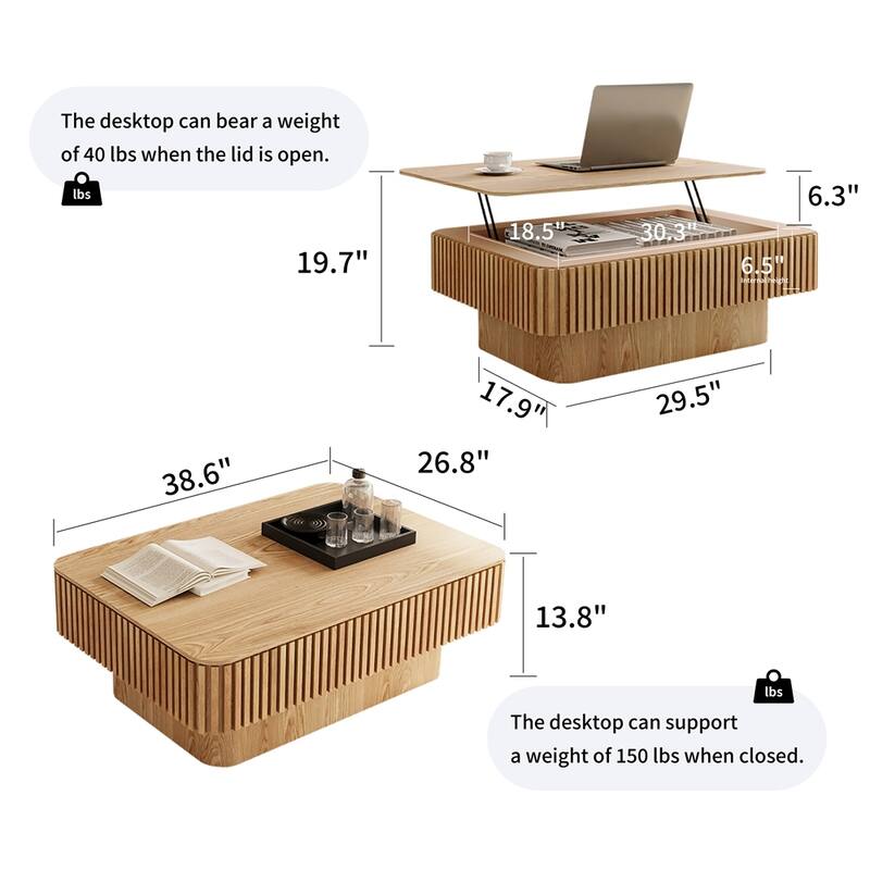 Storage Modern Coffee Table 38.6'' Fluted Lift-top Tea Coffee Table