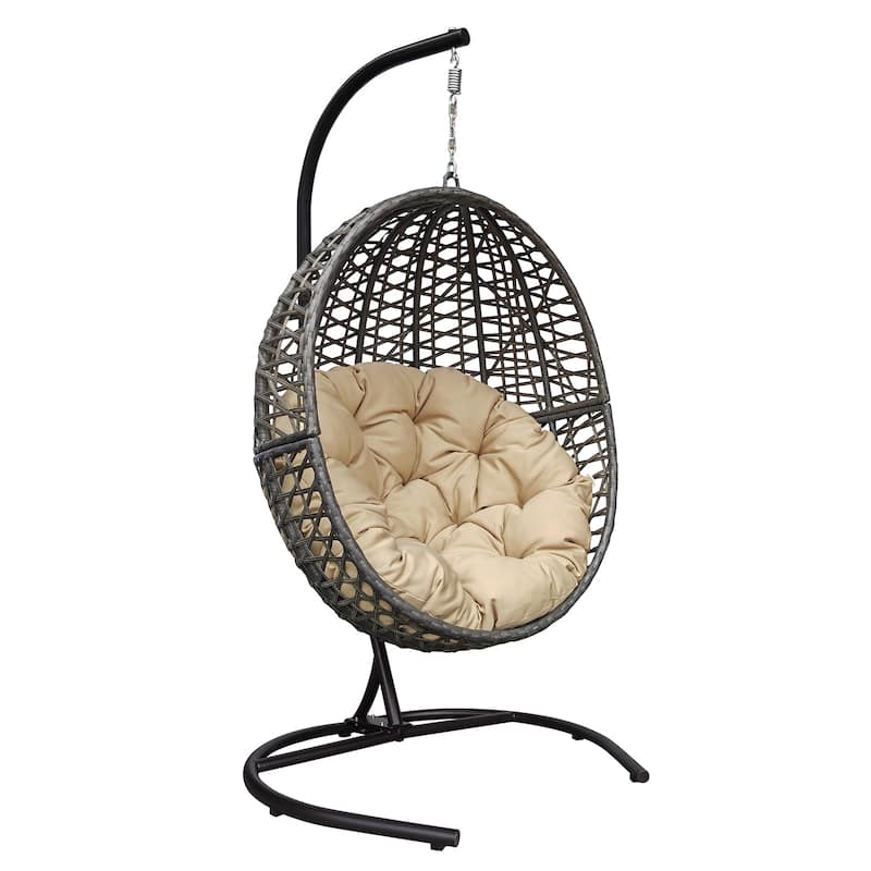 Hanging Swing Egg Chair with Stand,Outdoor Patio Wicker Tear Drop Shape Hammock Chair with Cushion - khaki