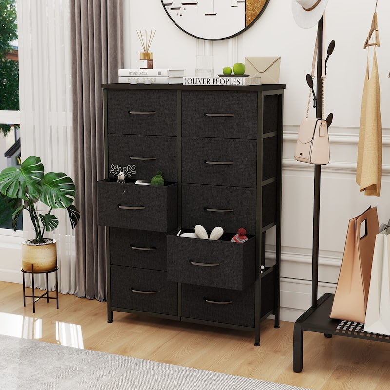 Dresser for Bedroom, 10 Storage Drawers, Anti-Tip Tall Fabric Closet Chests Organizer Tower Furniture Wooden Top Metal Frame - Black