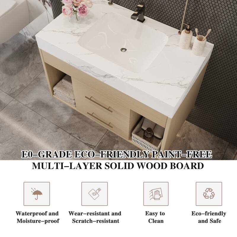 29.9" Modern Floating Bathroom Vanity - Sintered Stone Top with Ceramic Undermount Sink, Wall-Mounted for Small Bathrooms