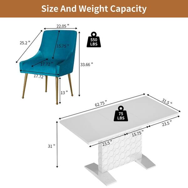 dimension image slide 8 of 9, 7-Piece Clihome High-gloss Extendable Table Velvet Chair Dining Set