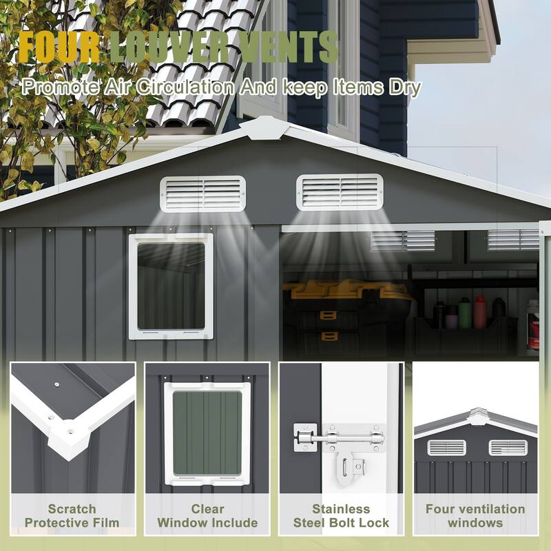 6x8FT Outdoor Steel Storage Shed, Lockable Doors, Compact Metal Tool Shed