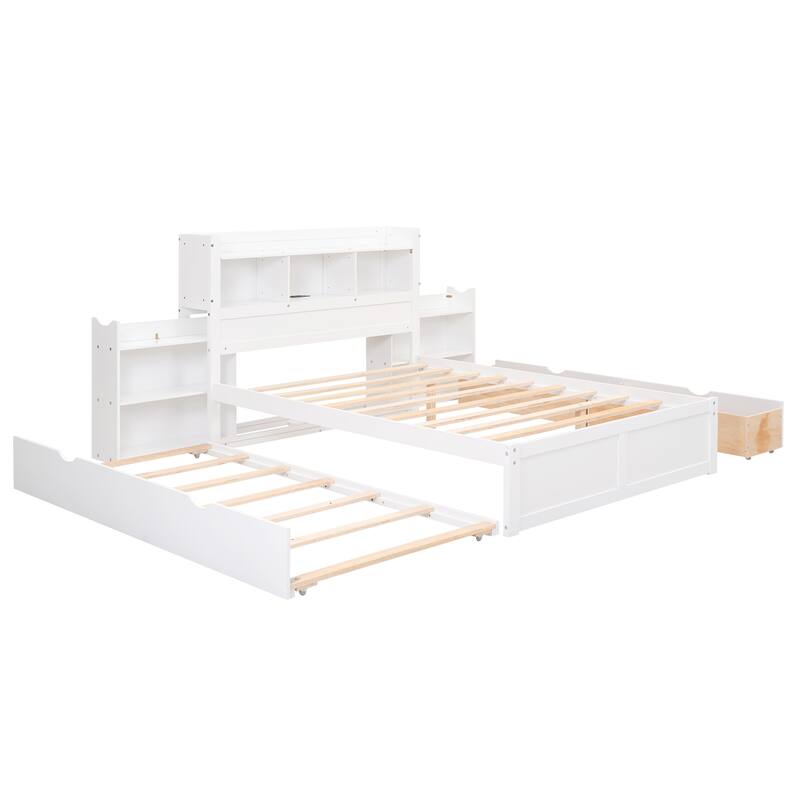 Full Size Storage Platform Bed with Pull Out Shelves, Twin Trundle, and 2 Drawers in White