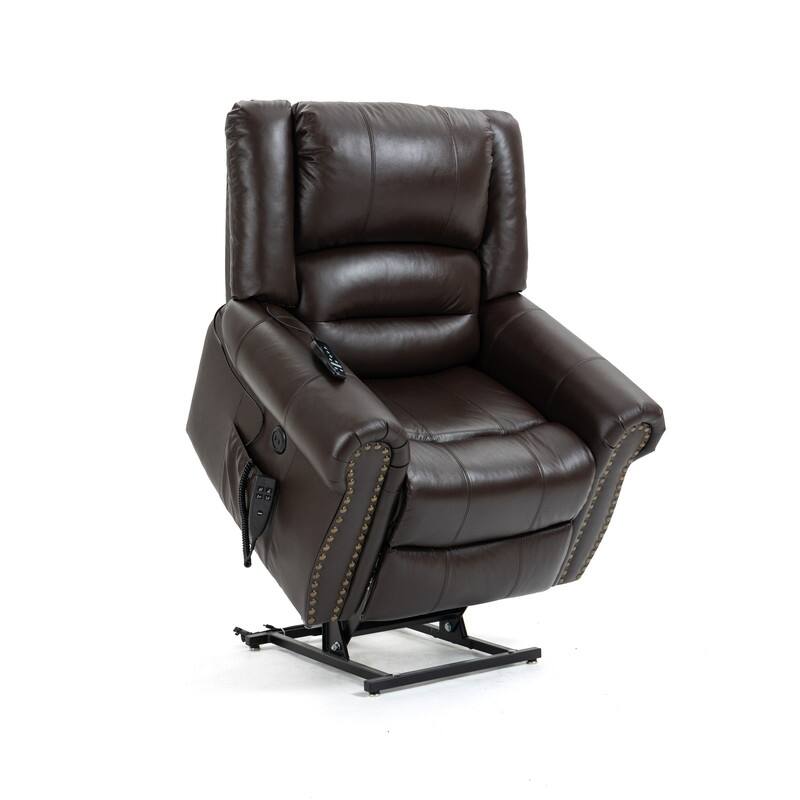 Dual Motor Real Leather Power Lift Recliner with Massage, Heating Functuous and USB Ports-Up to 350 LBS Capacity