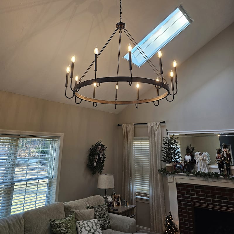 Kiro 12-light 46In Farmhouse Candle Wagon Wheel Chandelier with UL Certified
