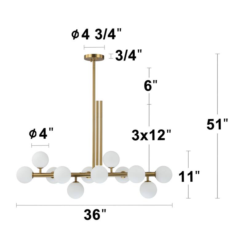 C Cattleya 12-Light Brass Linear Chandelier with Opal Glass Globes