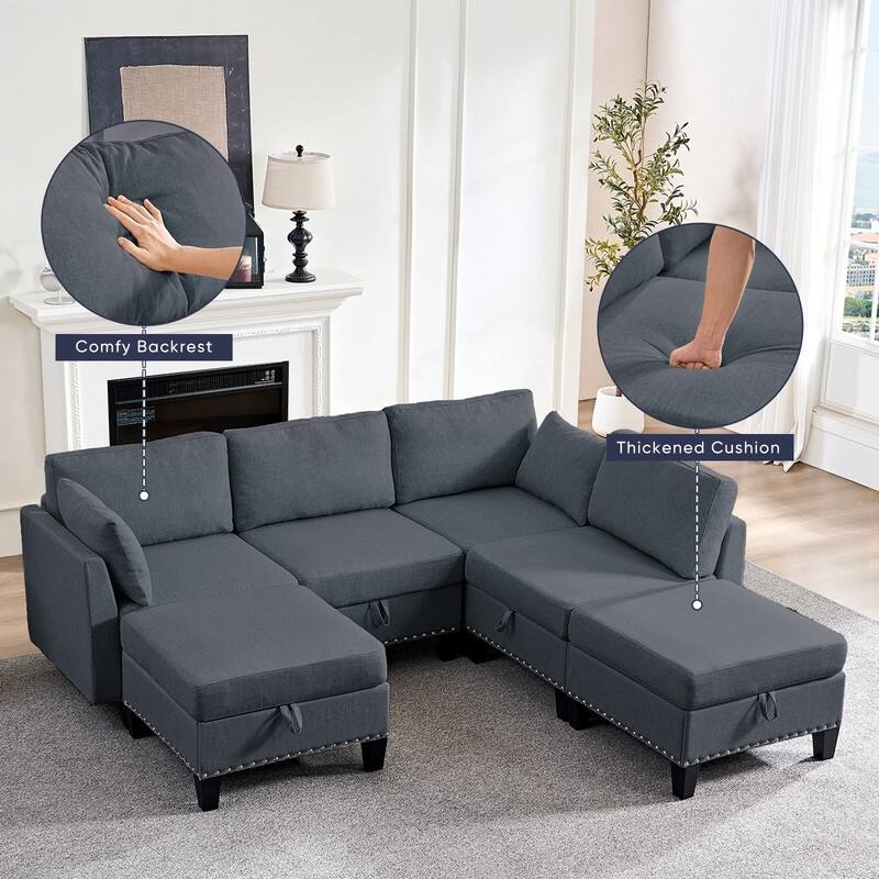 Mixoy Rivet Design Flexible Combination Reversible 4-Seater Modular Sofa with Storage Ottomans,Linen Convertible Sleeper Sofa