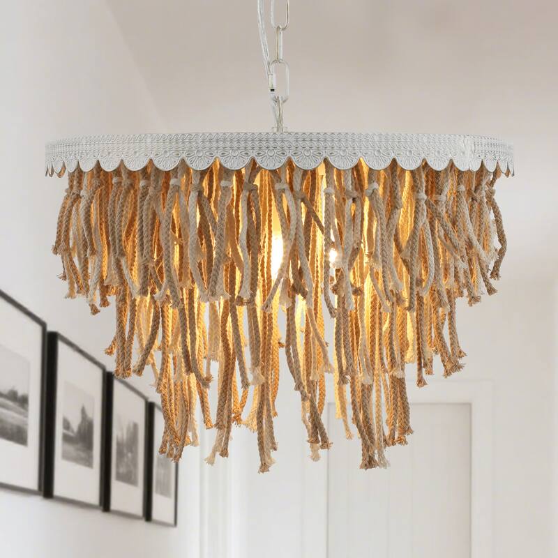 5-Light Chandelier Round Tassel Pendant Light Fixture for Bedroom with White Finsih - N/A - Brown