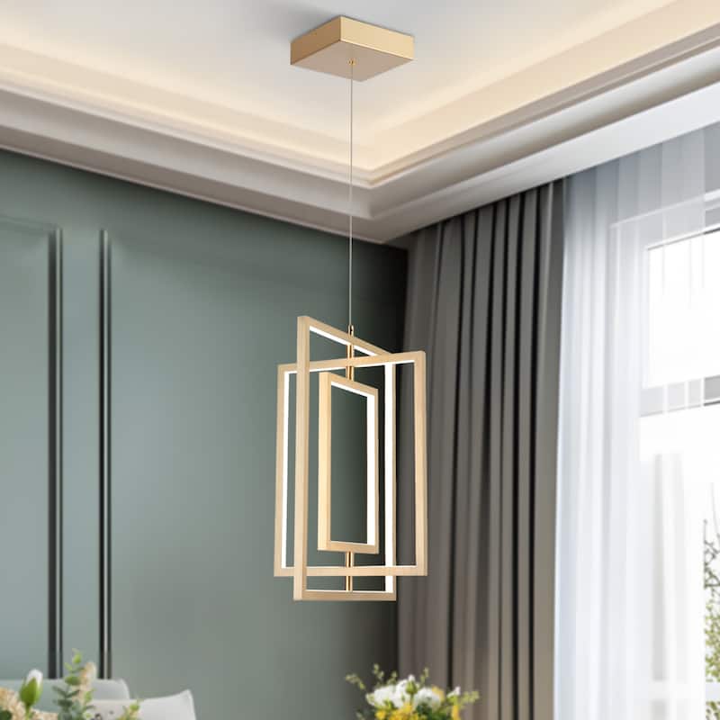 Modern 1-Light Gold Integrated LED Chandelier Square Geometric Pendant Lights for Dining Room - 15.5" L x 12" W x 20.5" H