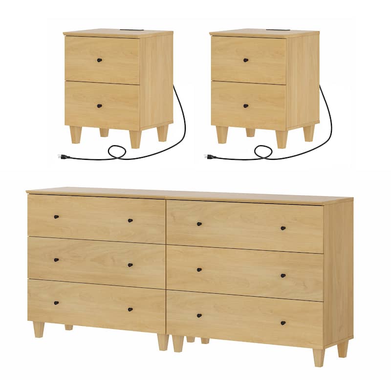 WAMPAT 6-Drawer Dresser and Nightstands Set of 3 for Bedroom, 70.8" - Oak - 3 Piece