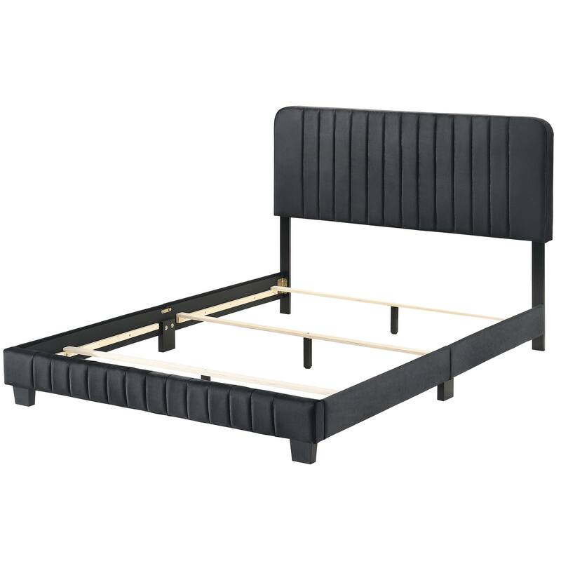 Velvet Upholstered Channel Tufted Queen Panel Bed - 86" - Black